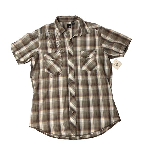 NWT Casual Plaid Shirt Mens Large J Ferrar Short Sleeve Western Snap Buttons - Picture 1 of 11